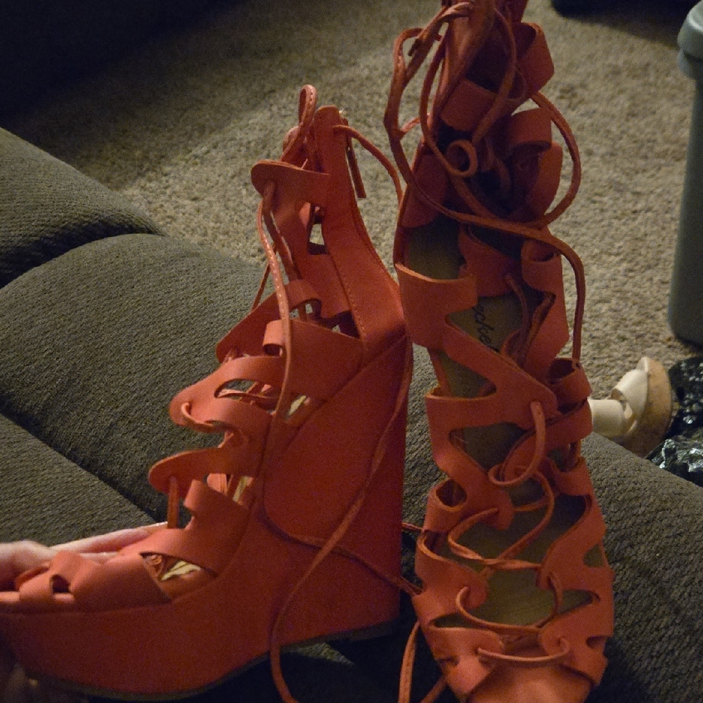 Breckelles Vibrant Orange Lace-Up Wedges